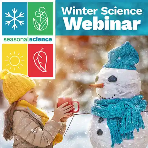 Child giving mug to snowman for Becker's Winter Seasonal Science Webinar